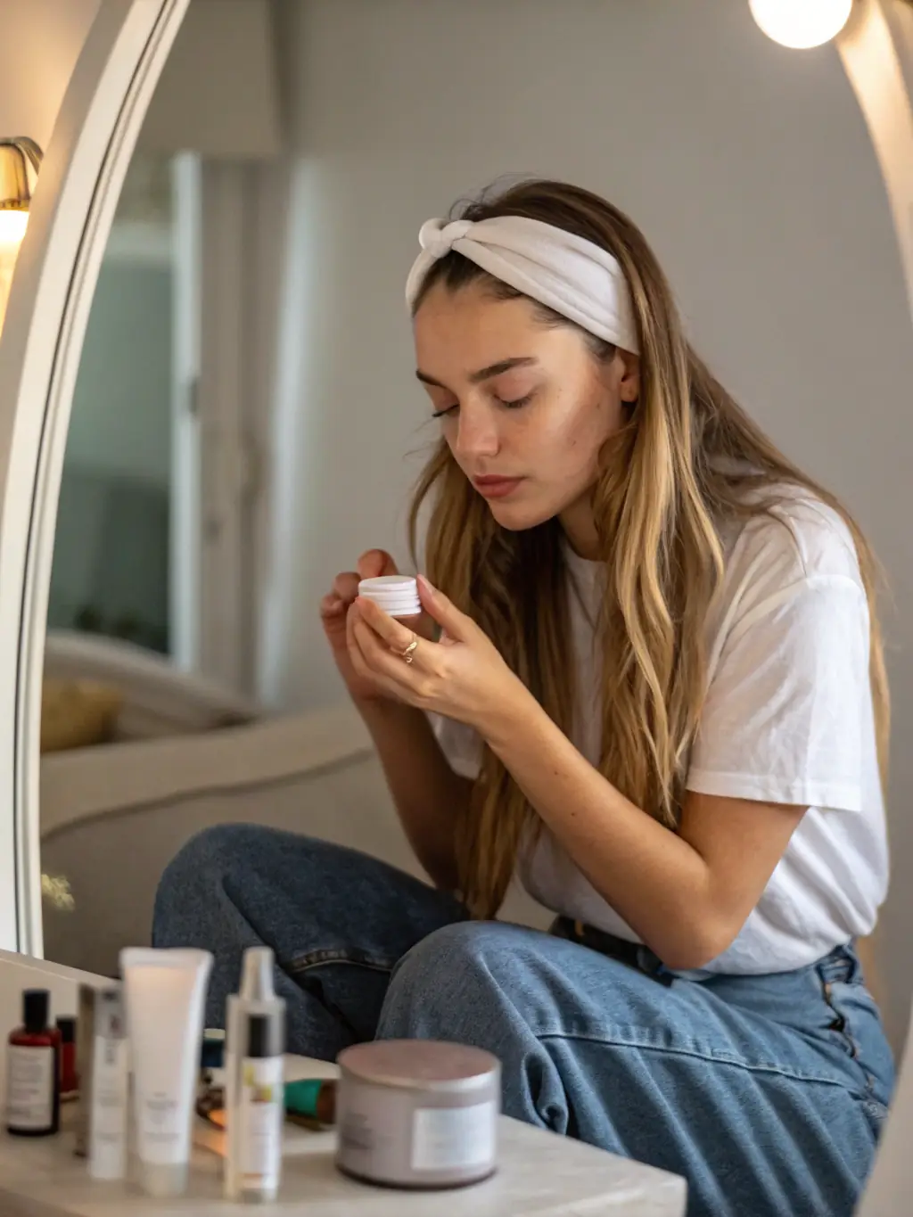 A serene image of a woman gently applying eye cream, with a focus on her bright, refreshed eyes, highlighting FerryGrow's Eyecare Products.