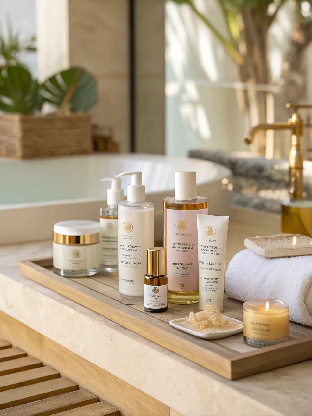 A flat lay of various skincare products like bottles, jars, and tubes arranged elegantly on a marble surface, showcasing FerryGrow's Skincare Range.