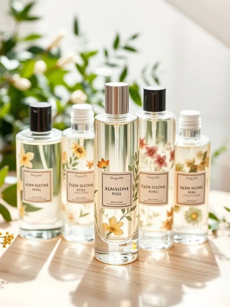 A collection of small glass bottles filled with various natural oils, surrounded by fresh botanicals, representing FerryGrow's Natural Oils.