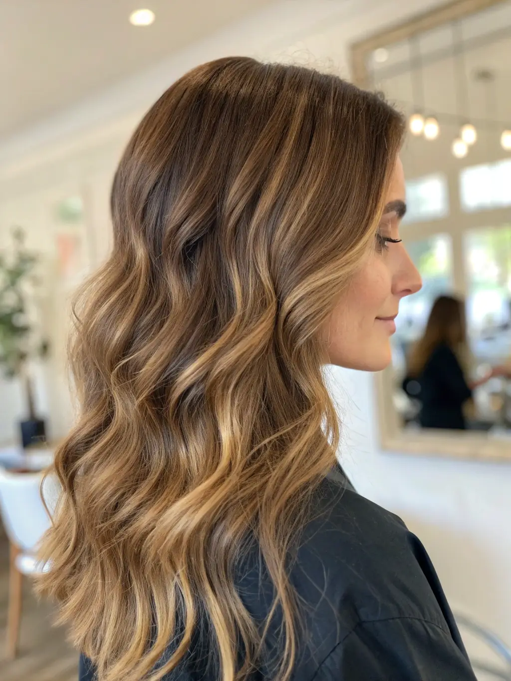 A close-up of shiny, healthy hair flowing in natural light, with bottles of shampoo and hair oil in the background, representing FerryGrow's Haircare Solutions.